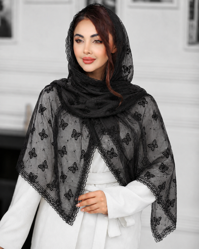 شال تور طرح پروانه نگین دار دور دانتل زنانه